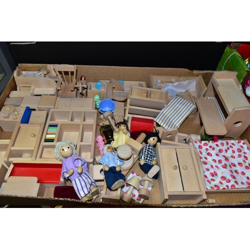 486 - THREE BOXES AND LOOSE DOLLS HOUSE, DOLLS AND FURNITURE, to include a modern three storey undecorated... 