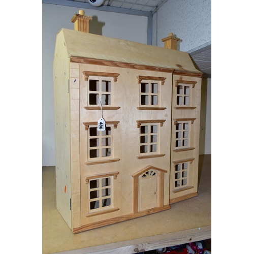 486 - THREE BOXES AND LOOSE DOLLS HOUSE, DOLLS AND FURNITURE, to include a modern three storey undecorated... 