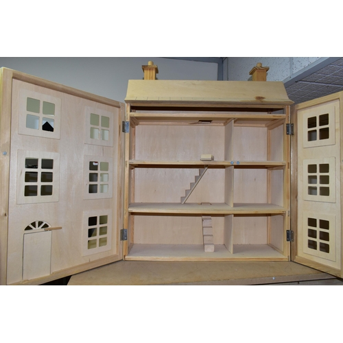 486 - THREE BOXES AND LOOSE DOLLS HOUSE, DOLLS AND FURNITURE, to include a modern three storey undecorated... 