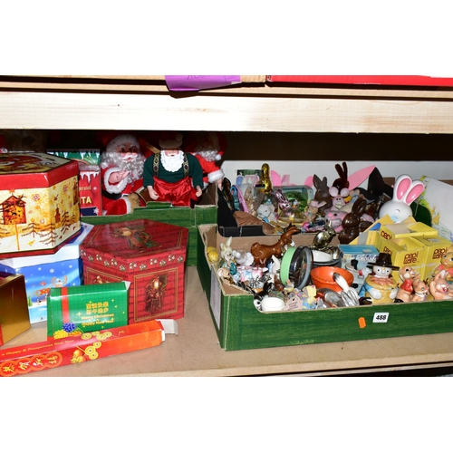 488 - FIVE BOXES AND LOOSE CHRISTMAS AND EASTER DECORATIONS, to include a Goebel rabbit pulling a basket, ... 