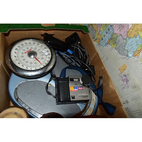 490 - A BOX AND LOOSE SCALES, MAP, CAMERAS AND SUNDRY ITEMS, to include a set of EKS bathroom scales, a fr... 