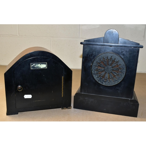 491 - TWO MANTEL CLOCKS, comprising a black slate mantel clock with red marble inserts, engraved foliate d... 