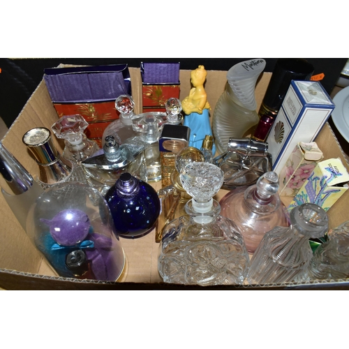 494 - TWO BOXES OF PERFUME BOTTLES, most are empty, some have contents/part contents, to include a sealed ... 