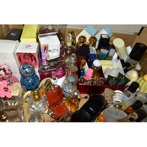 494 - TWO BOXES OF PERFUME BOTTLES, most are empty, some have contents/part contents, to include a sealed ... 