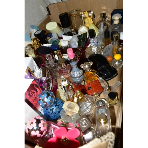 494 - TWO BOXES OF PERFUME BOTTLES, most are empty, some have contents/part contents, to include a sealed ... 