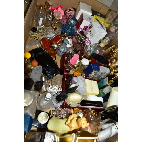 494 - TWO BOXES OF PERFUME BOTTLES, most are empty, some have contents/part contents, to include a sealed ... 