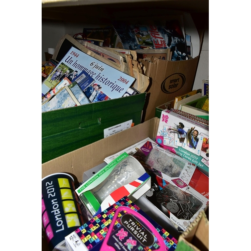 496 - SIX BOXES OF PAPER EPHEMERA, a large collection of newspapers, magazines, calendars, guides and souv... 