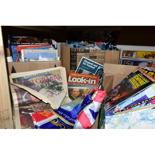 496 - SIX BOXES OF PAPER EPHEMERA, a large collection of newspapers, magazines, calendars, guides and souv... 