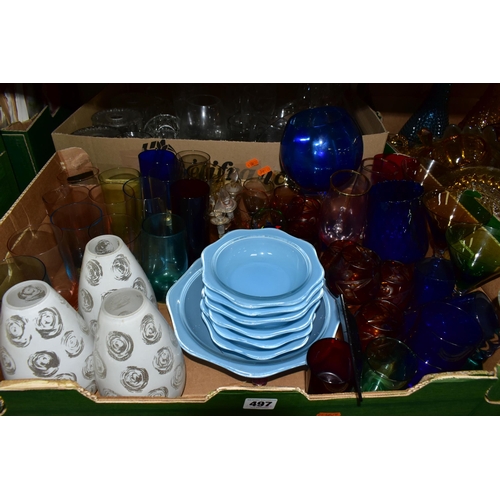 497 - THREE BOXES AND LOOSE GLASSWARES, to include a Riihimaki/Riihimaen Lasi Oy blue glass vase no 1379, ... 