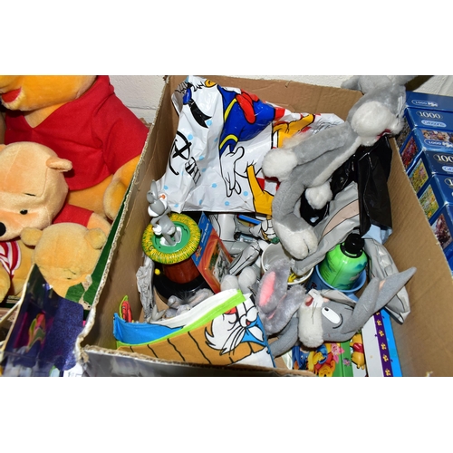 498 - FIVE BOXES AND LOOSE TOYS, to include a collection of Winnie the Pooh soft toys, a boxed Bluebird Di... 