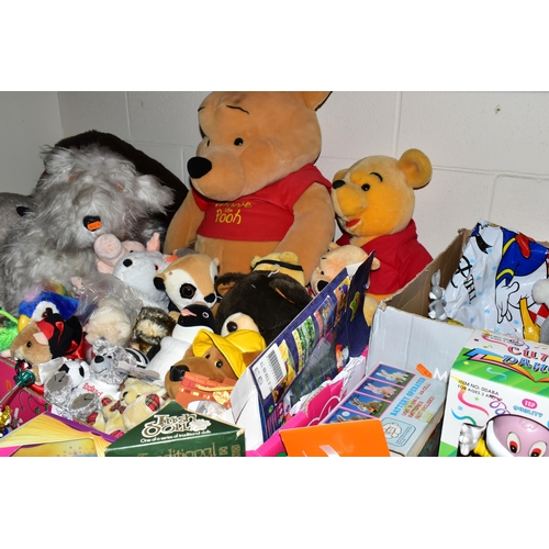 498 - FIVE BOXES AND LOOSE TOYS, to include a collection of Winnie the Pooh soft toys, a boxed Bluebird Di... 