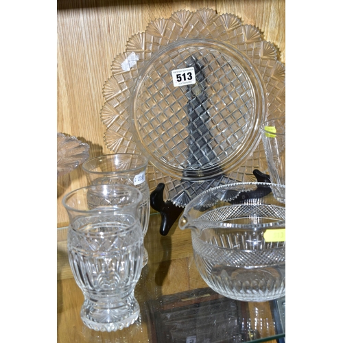 513 - TWELVE PIECES OF 19TH AND 20TH CENTURY CUT GLASS TABLE AND STEMWARE, comprising a set of three water... 