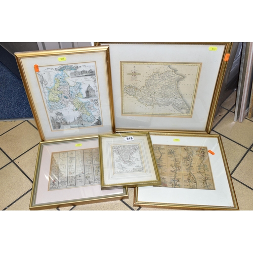 519 - FIVE FRAMED MAPS COMPRISING 'EAST INDIES' BY THOMAS KITCHIN, approximate size 13cm x 10cm, a 'Plan o... 