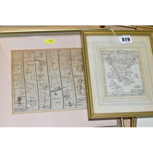 519 - FIVE FRAMED MAPS COMPRISING 'EAST INDIES' BY THOMAS KITCHIN, approximate size 13cm x 10cm, a 'Plan o... 