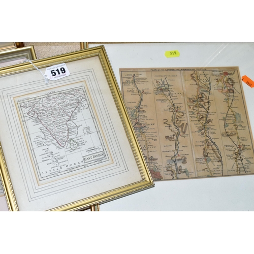 519 - FIVE FRAMED MAPS COMPRISING 'EAST INDIES' BY THOMAS KITCHIN, approximate size 13cm x 10cm, a 'Plan o... 