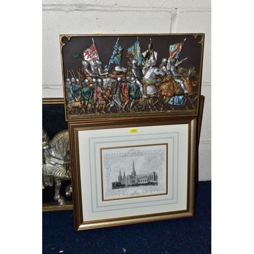 521 - SIX DECORATIVE PRINTS AND WALL PLAQUES, comprising a framed print depicting a 19th Century maritime ... 