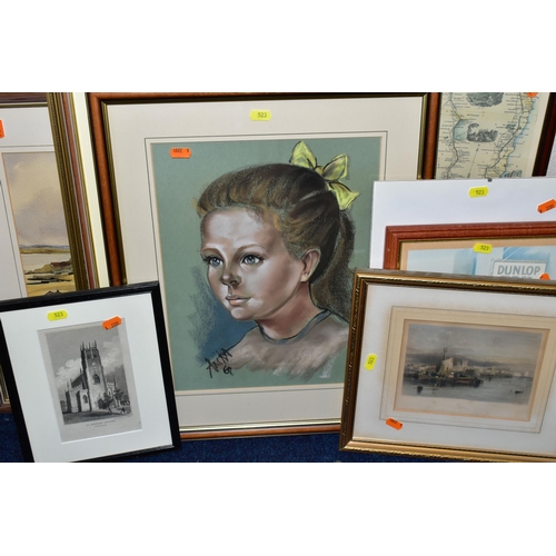 523 - A QUANTITY OF LOOSE PAINTINGS AND PRINTS ETC, to include two watercolours by Claire Bate depicting a... 