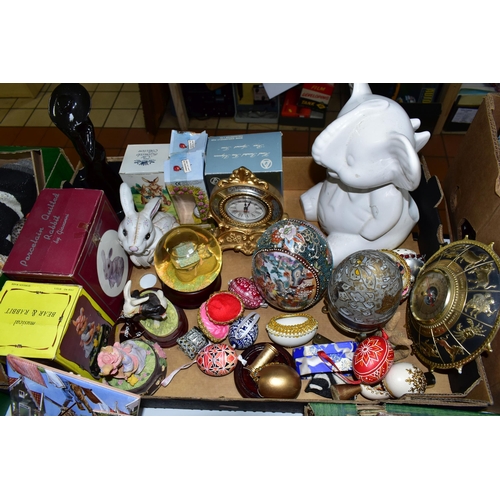 543 - THREE BOXES OF DECORATIVE ORNAMENTS AND SUNDRY ITEMS ETC, to include Wade Whimsies, ceramic, enamel ... 