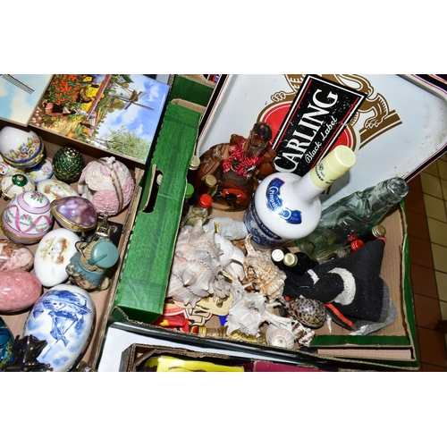 543 - THREE BOXES OF DECORATIVE ORNAMENTS AND SUNDRY ITEMS ETC, to include Wade Whimsies, ceramic, enamel ... 