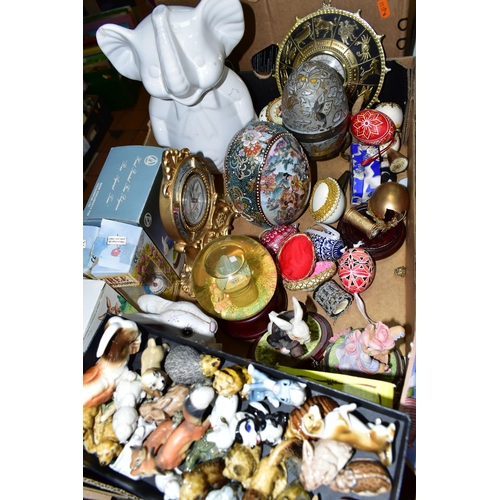 543 - THREE BOXES OF DECORATIVE ORNAMENTS AND SUNDRY ITEMS ETC, to include Wade Whimsies, ceramic, enamel ... 