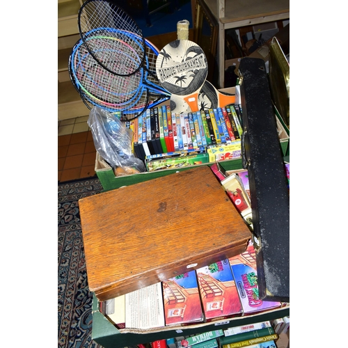 544 - TWO BOXES OF DIECAST VEHICLES, DVD'S AND SPORTS EQUIPMENT ETC, to include sixteen Matchbox Models of... 