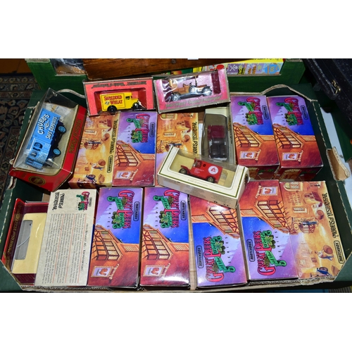 544 - TWO BOXES OF DIECAST VEHICLES, DVD'S AND SPORTS EQUIPMENT ETC, to include sixteen Matchbox Models of... 