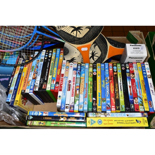 544 - TWO BOXES OF DIECAST VEHICLES, DVD'S AND SPORTS EQUIPMENT ETC, to include sixteen Matchbox Models of... 