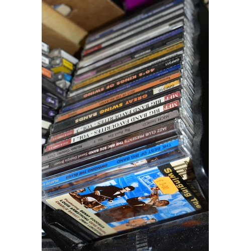 549 - FOUR BOXES OF MUSIC to include over 240 CD's, twenty+ VHS video cassettes, twenty+ books and forty-f... 