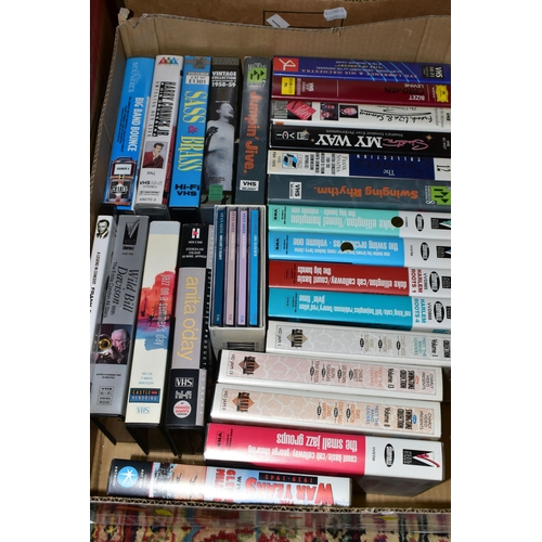 549 - FOUR BOXES OF MUSIC to include over 240 CD's, twenty+ VHS video cassettes, twenty+ books and forty-f... 