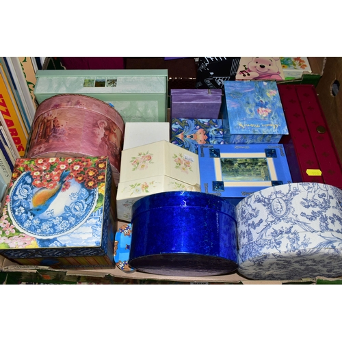 550 - THREE BOXES OF EMPTY DECORATIVE BOXES & FILES to include stationery, jewellery, wine, soap and confe... 