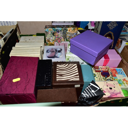 550 - THREE BOXES OF EMPTY DECORATIVE BOXES & FILES to include stationery, jewellery, wine, soap and confe... 