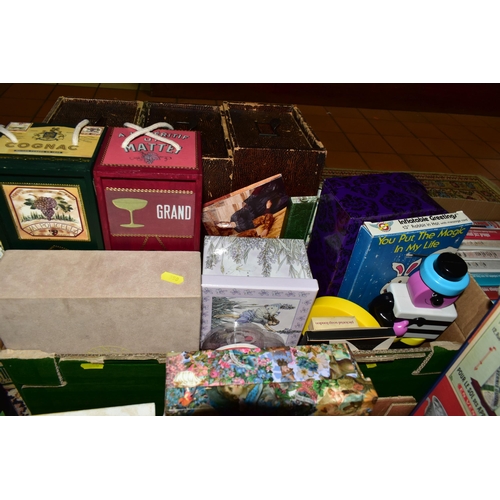 550 - THREE BOXES OF EMPTY DECORATIVE BOXES & FILES to include stationery, jewellery, wine, soap and confe... 