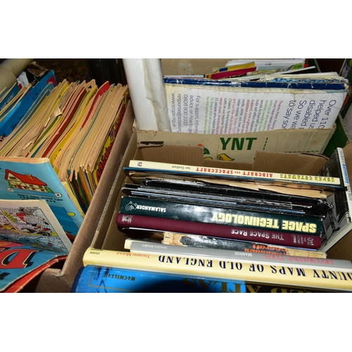 551 - SIX BOXES OF EPHEMERA to include miscellaneous book titles including a Macmillan World Atlas, space,... 