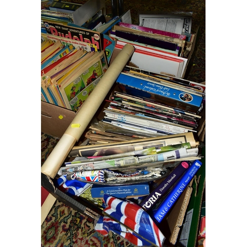 551 - SIX BOXES OF EPHEMERA to include miscellaneous book titles including a Macmillan World Atlas, space,... 