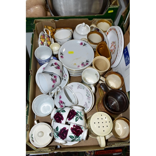 552 - FOUR BOXES OF CERAMICS AND METALWARE, to include assorted tea sets, dinner wares, Spillars Flour sal... 