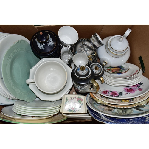 552 - FOUR BOXES OF CERAMICS AND METALWARE, to include assorted tea sets, dinner wares, Spillars Flour sal... 