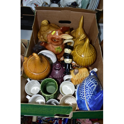 552 - FOUR BOXES OF CERAMICS AND METALWARE, to include assorted tea sets, dinner wares, Spillars Flour sal... 