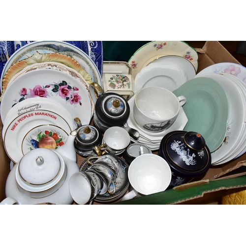 552 - FOUR BOXES OF CERAMICS AND METALWARE, to include assorted tea sets, dinner wares, Spillars Flour sal... 