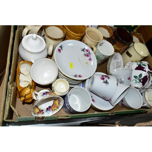 552 - FOUR BOXES OF CERAMICS AND METALWARE, to include assorted tea sets, dinner wares, Spillars Flour sal... 