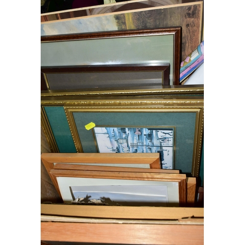 553 - TWO BOXES AND LOOSE PAINTINGS AND PRINTS ETC, to include an early 20th century pen and watercolour w... 