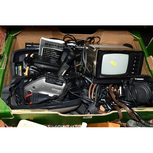 555 - THREE BOXES AND LOOSE MISCELLANEOUS SUNDRIES, to include a Benkson PTV2 portable television, a JVC G... 