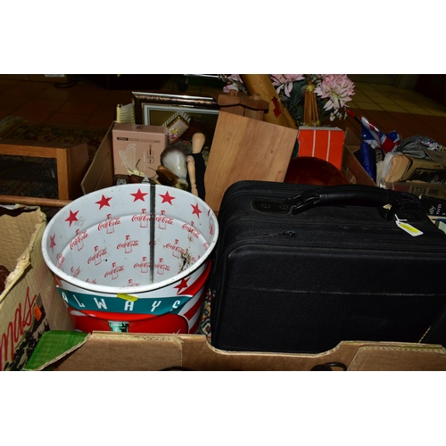 555 - THREE BOXES AND LOOSE MISCELLANEOUS SUNDRIES, to include a Benkson PTV2 portable television, a JVC G... 