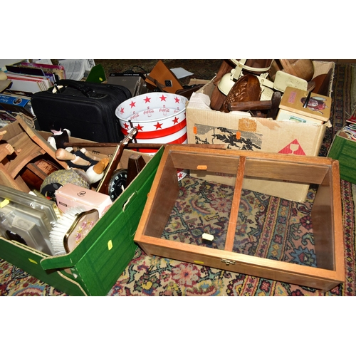 555 - THREE BOXES AND LOOSE MISCELLANEOUS SUNDRIES, to include a Benkson PTV2 portable television, a JVC G... 