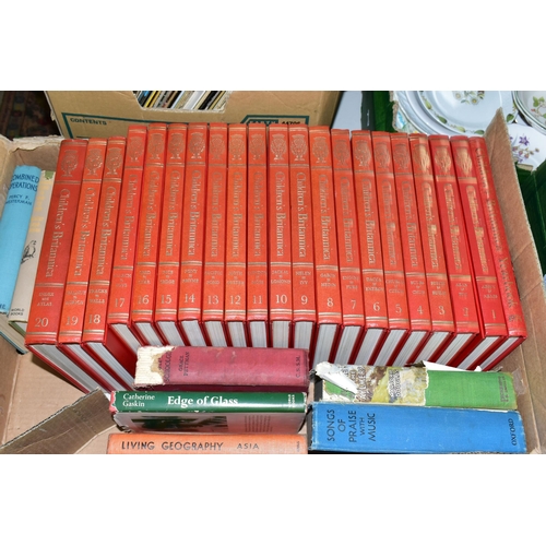 556 - FOUR BOXES OF BOOKS, RECORDS & SUNDRIES to include forty-nine book titles in hardback format, subjec... 