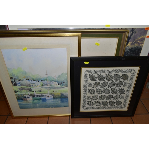 557 - A SMALL QUANTITY OF PAINTINGS AND PRINTS ETC, to include a watercolour depicting boats and cottages ... 