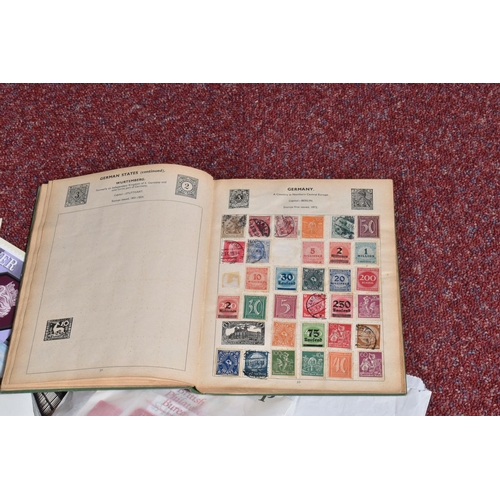 18 - BOX OF LOOSE STAMPS AND ALBUMS, we note a couple of junior type albums with worldwide collections, h... 
