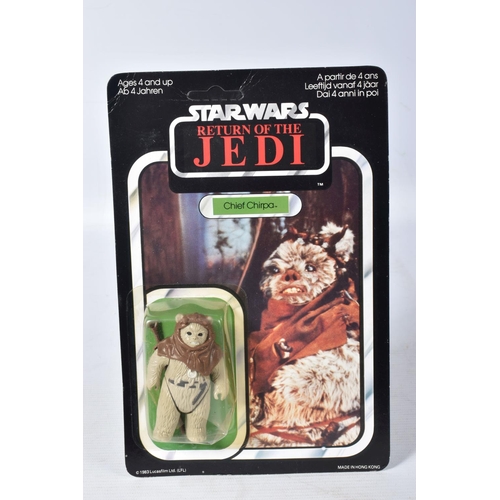 144 - TWO SEALED PALITOY STAR WARS 'RETURN OF THE JEDI' FIGURES TO INCLUDE A CHIEF CHIRPA, 1983, 65 back, ... 