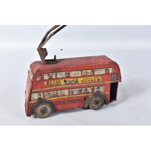 159 - A QUANTITY OF ASSORTED TINPLATE TOYS, to include clockwork Betal Trolleybus, clockwork Wells Brimtoy... 