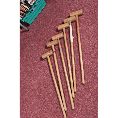 164 - A CROQUET SET, with six wooden mallets, six metal hoops, two wooden pegs and four wooden balls, in p... 