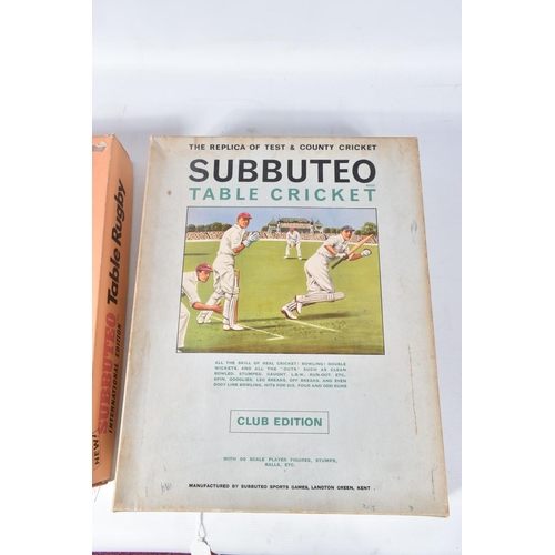 192 - FOUR BOXED SUBBUTEO CRICKET AND RUGBY SETS, comprising Table Cricket Test Match Edition and 2 x Club... 